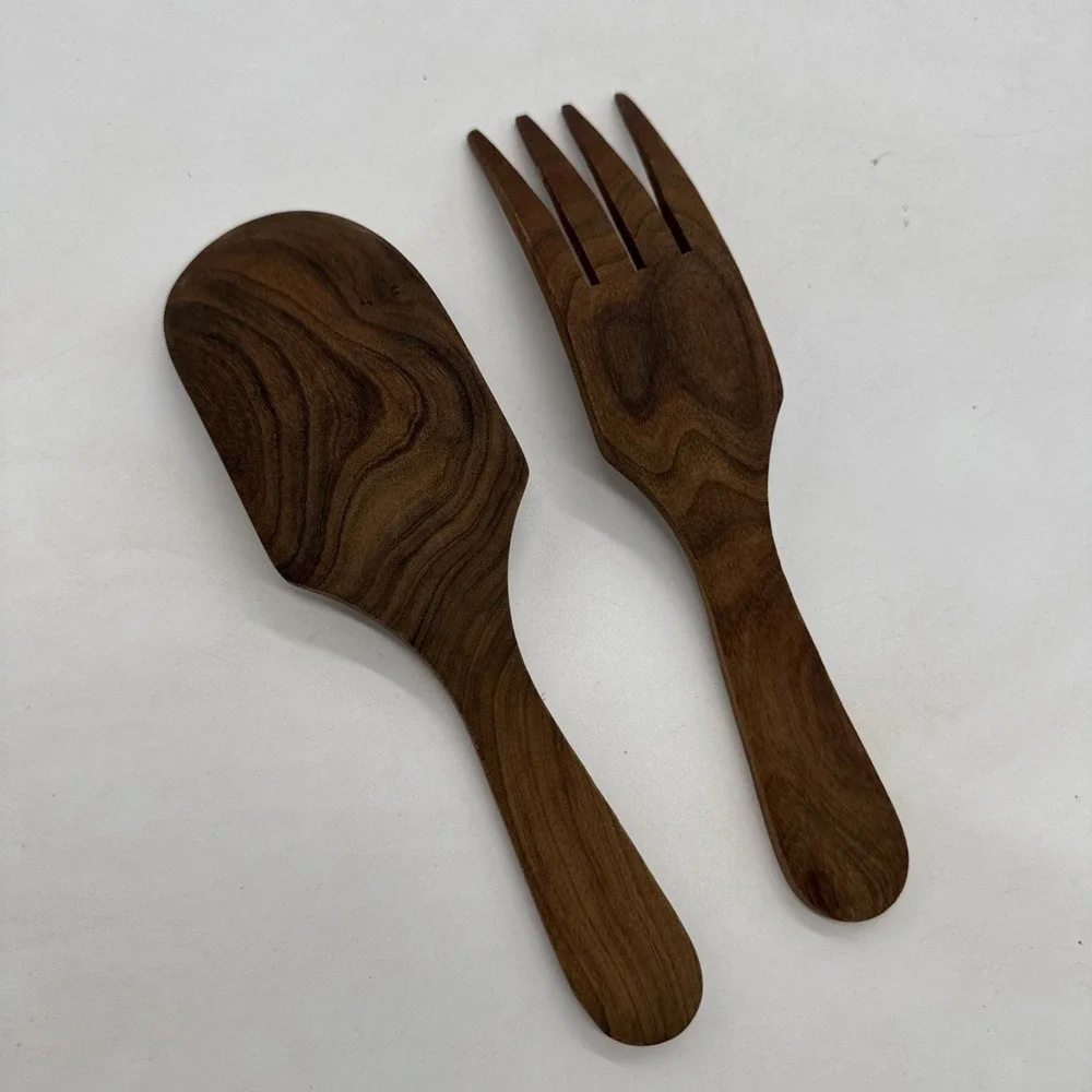 Set of 2 Vintage Wooden Serving/Salad Fork Paddle Spoon